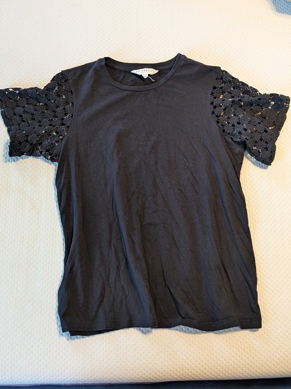Black Tee with Crochet Lace Sleeves
